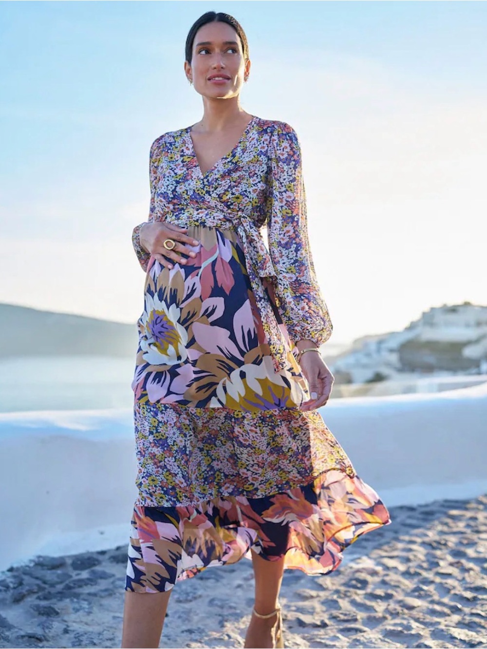 Seraphine Luxe Women’s 14 Maternity Midi Dress Floral Tie Front Long Sleeve